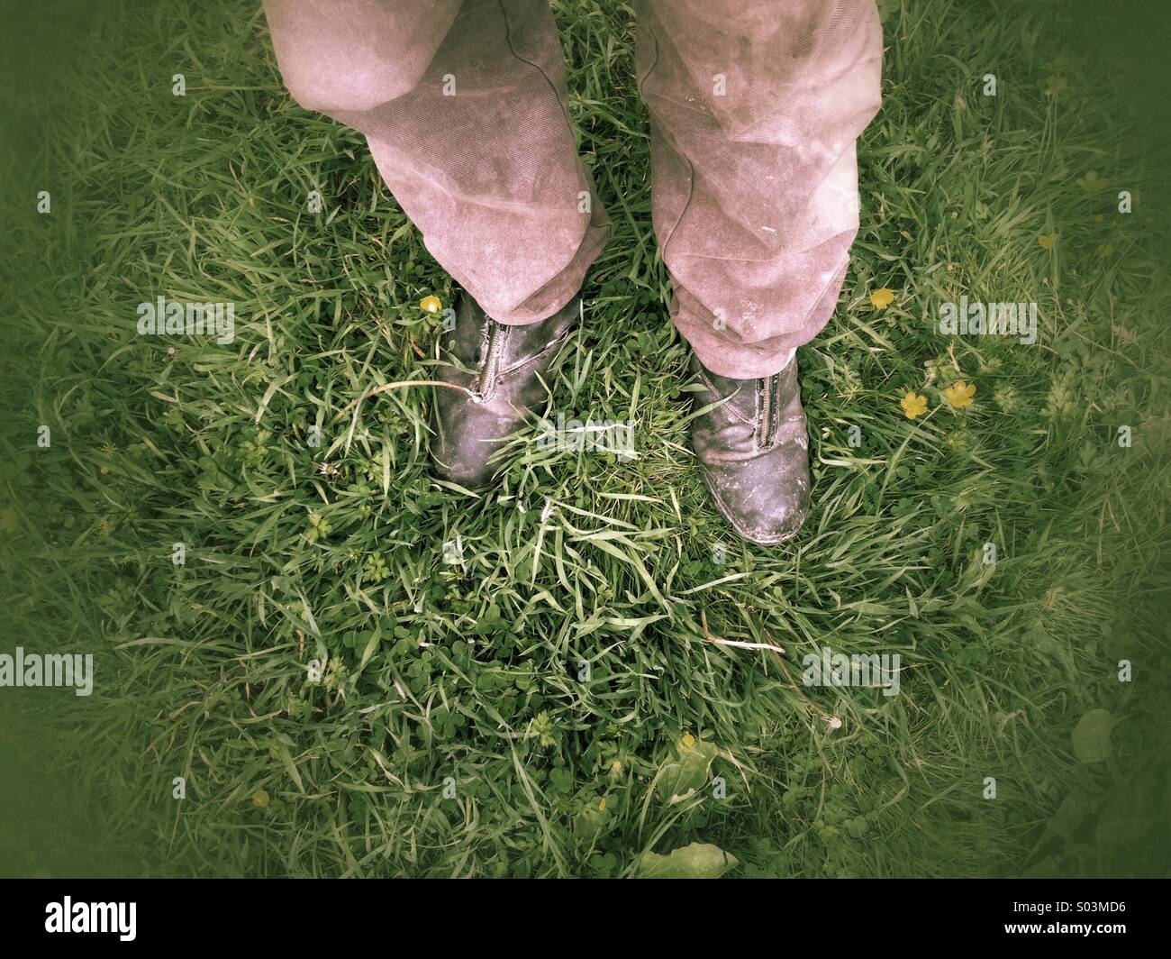 Mann in Stiefeln Rasen Stockfoto