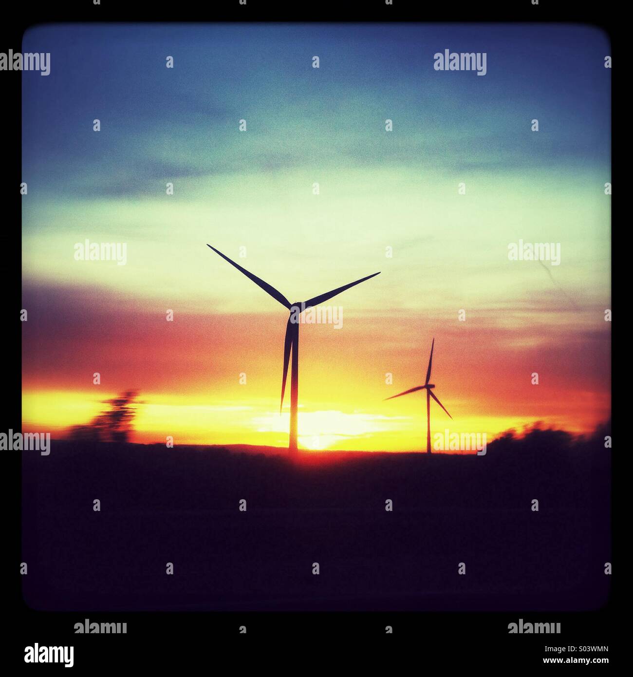 Windenergieanlagen bei Sonnenuntergang Stockfoto