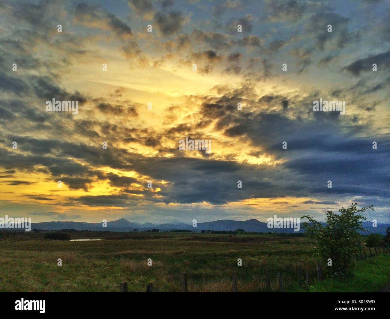 Dramatischen Sonnenuntergang in Aberfoyle, Schottland, Großbritannien Stockfoto