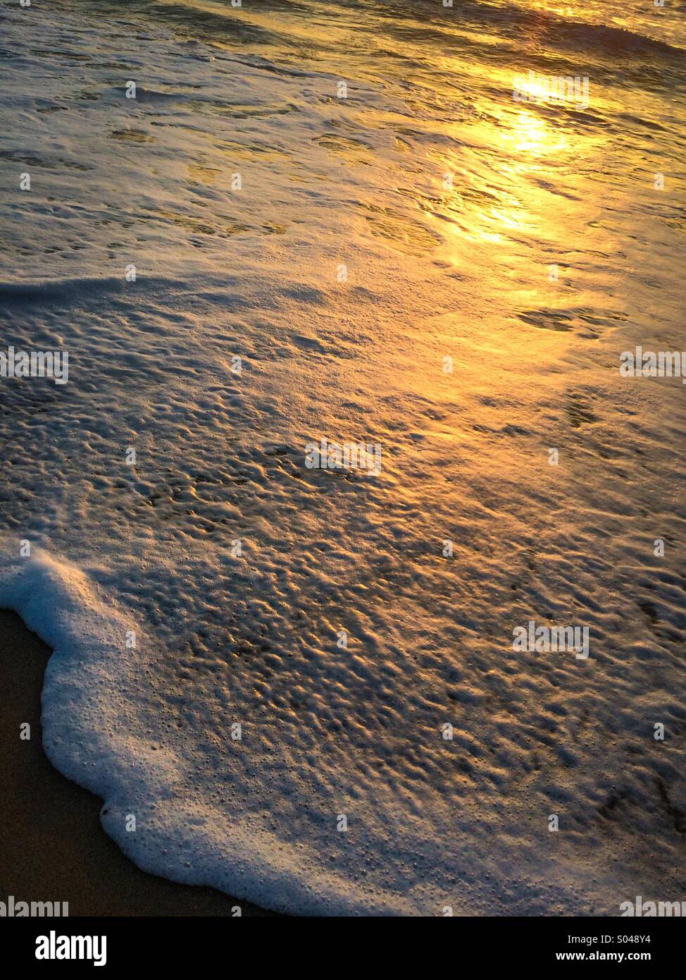 Ein Schaum geschnürt Welle Plätschern am Ufer bei Sonnenaufgang. Stockfoto