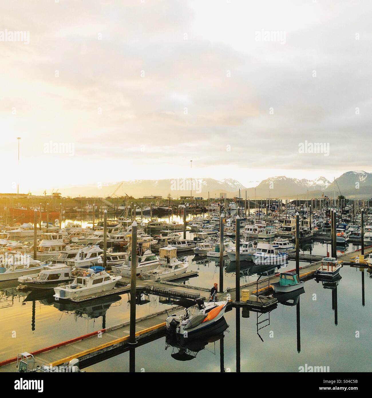 Juni Sonnenaufgang in Homer, Alaska Bootshafen. Stockfoto