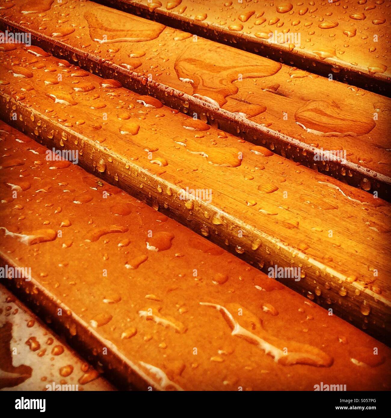 Regen auf lackiertem Holz Stockfoto