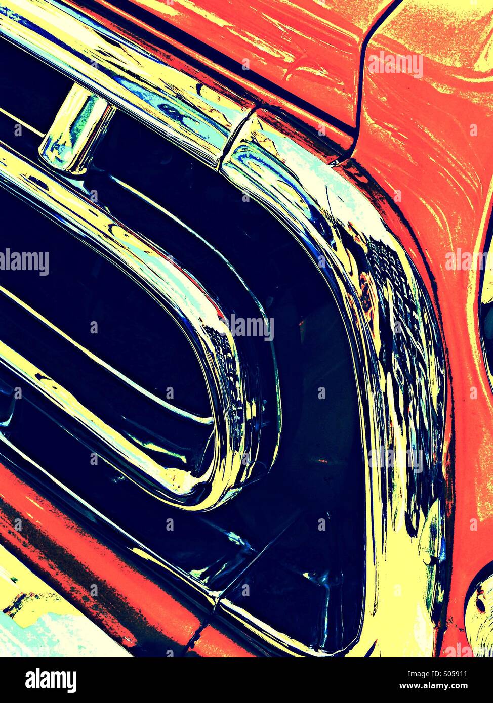 Chrom-Arbeit auf Vorderseite orange Chevrolet 3100 Pick up truck - Smartphone-aufgenommenes Stockfoto