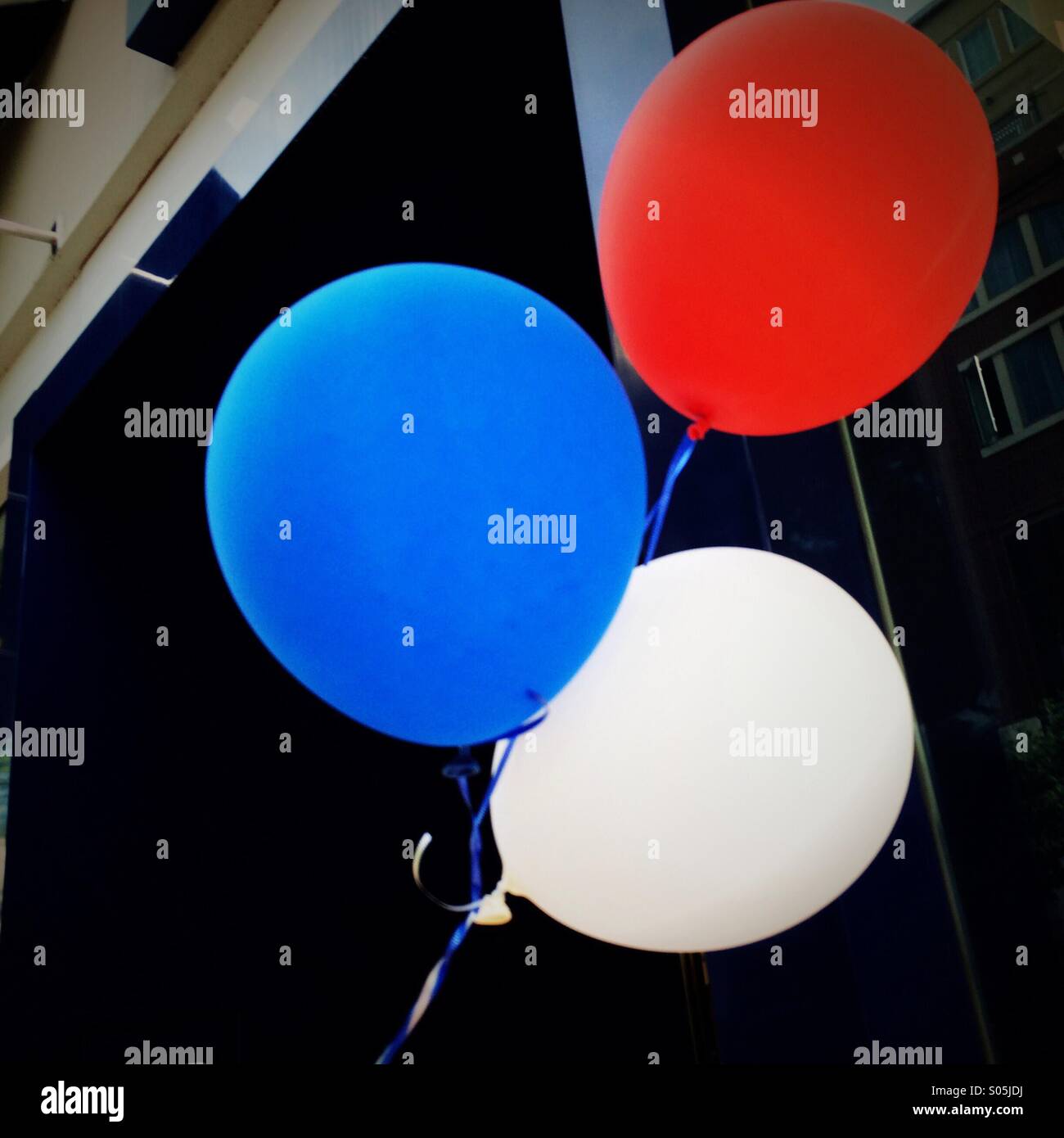 Rot-weiß-blaue Ballons. Stockfoto