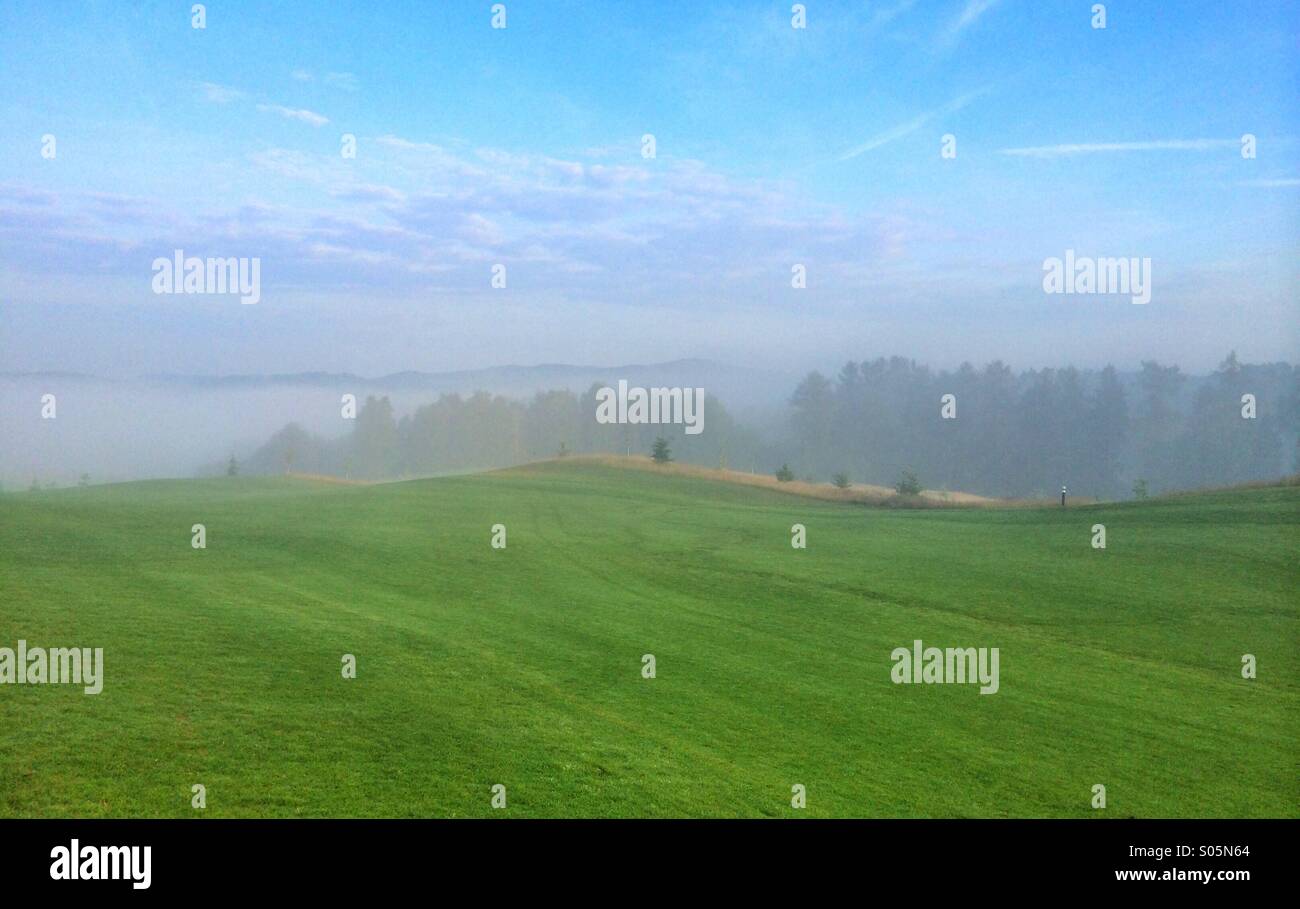 Auf einem Golfplatz im Morgennebel - Smartphone-aufgenommenes Stockfoto