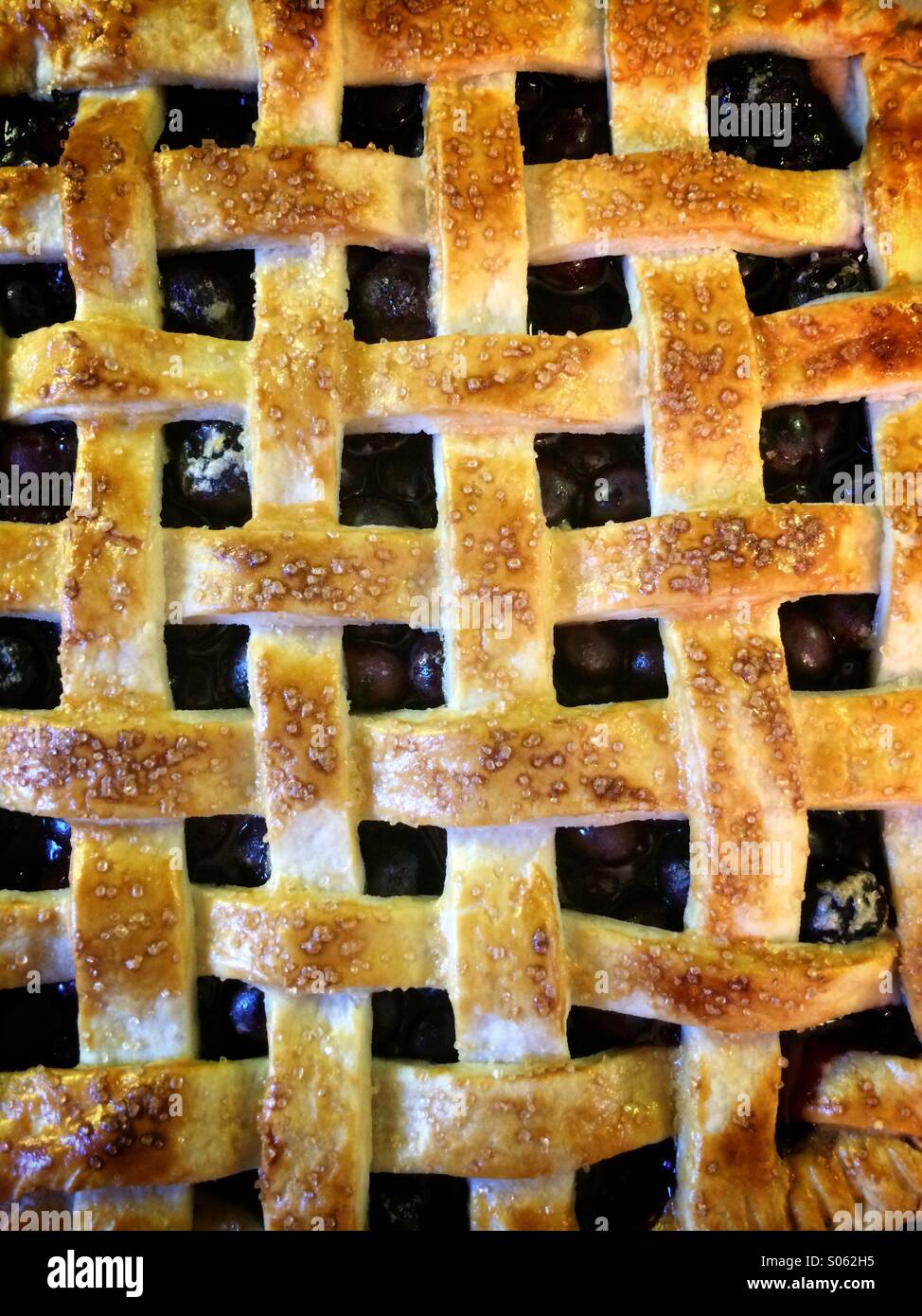 Draufsicht auf ein Gitter Arbeit Heidelbeerkuchen - Smartphone-aufgenommenes Stockfoto