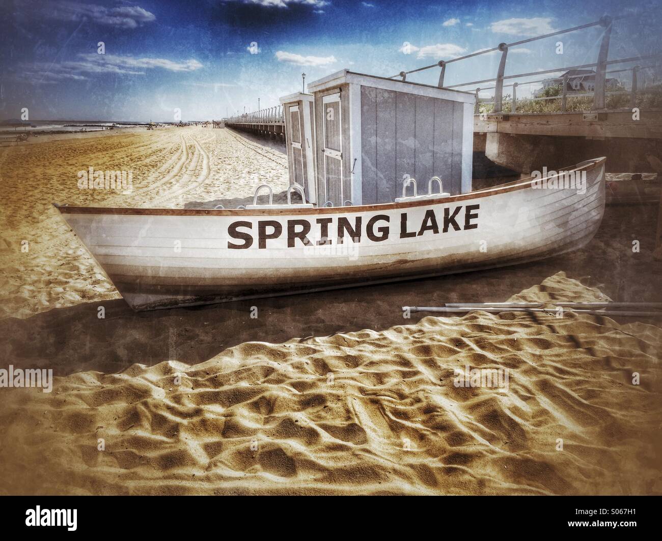 Rettungsboot am Strand in Spring Lake, New Jersey Stockfoto