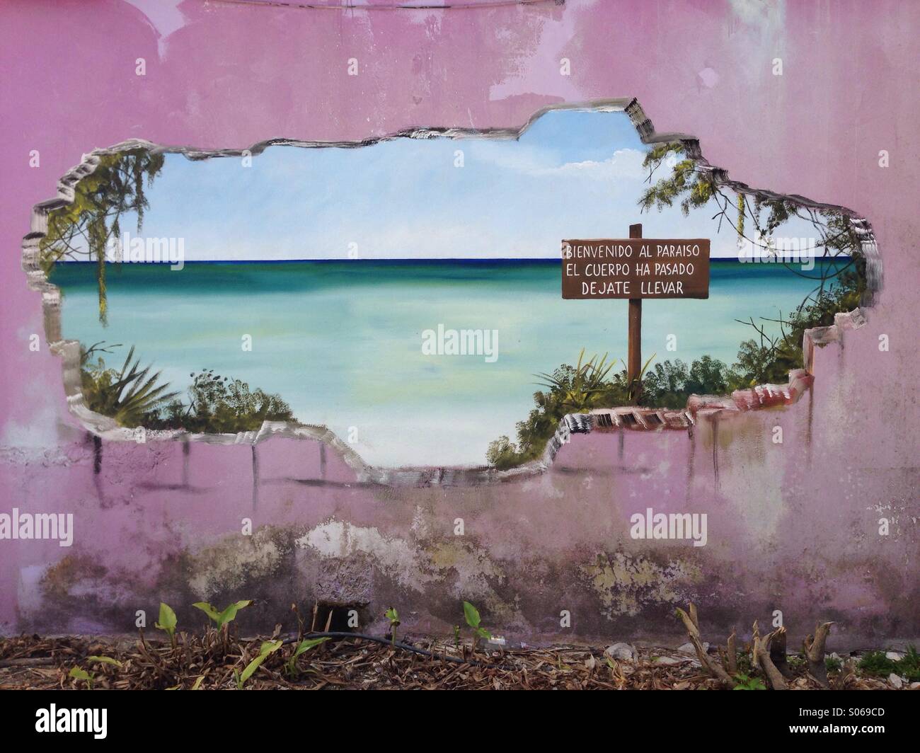 Meer-Malerei in einem rosa Fassade Haus, Holbox, Mexiko - Smartphone-aufgenommenes Stockfoto