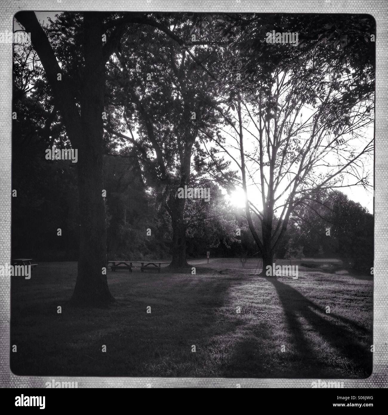 Der Sonnenuntergang auf einem Rastplatz. - Smartphone-aufgenommenes Stockfoto