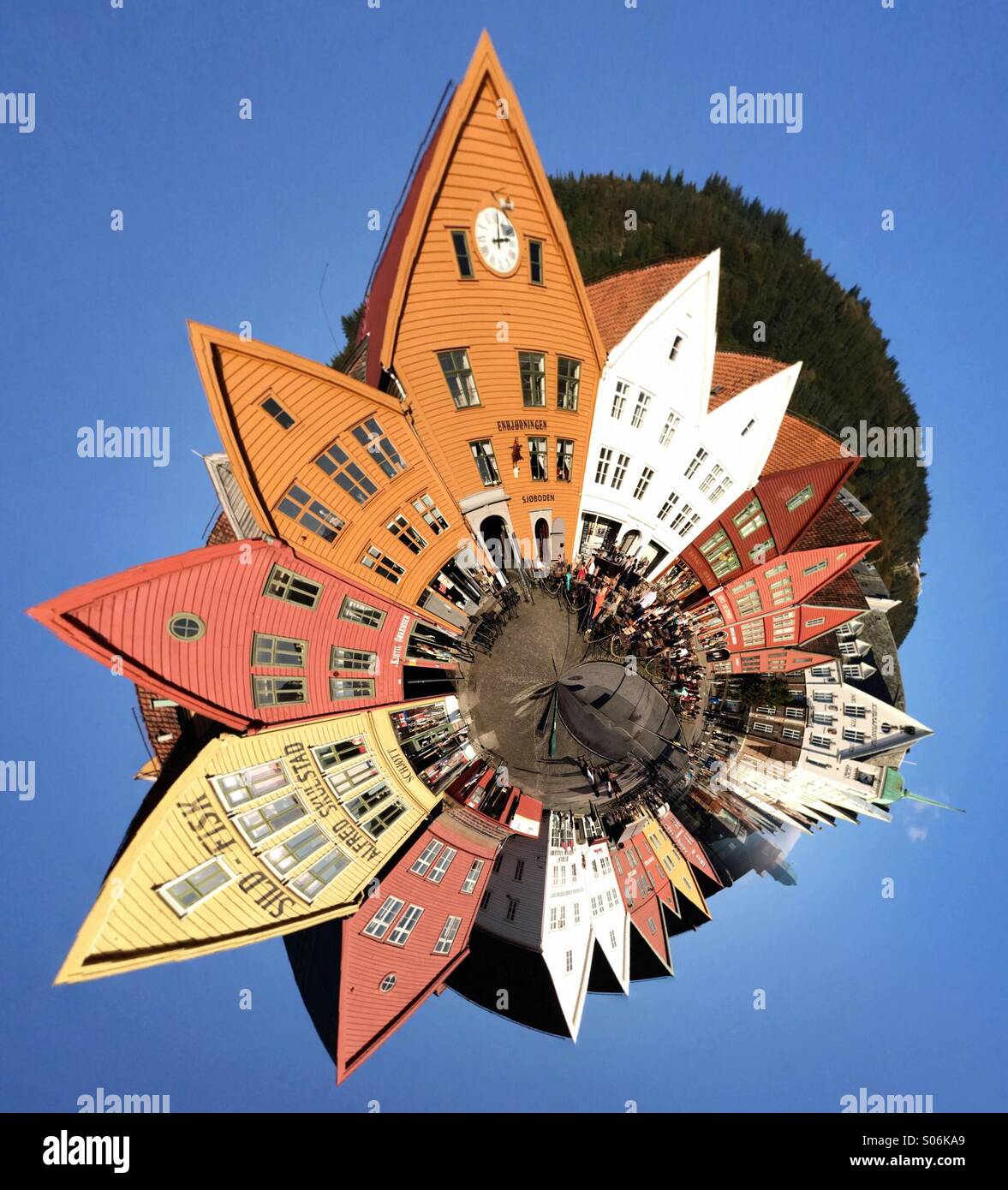 Winzigen Planeten von Bryggen, Hansestadt Wharf in Bergen, Norwegen. Stockfoto