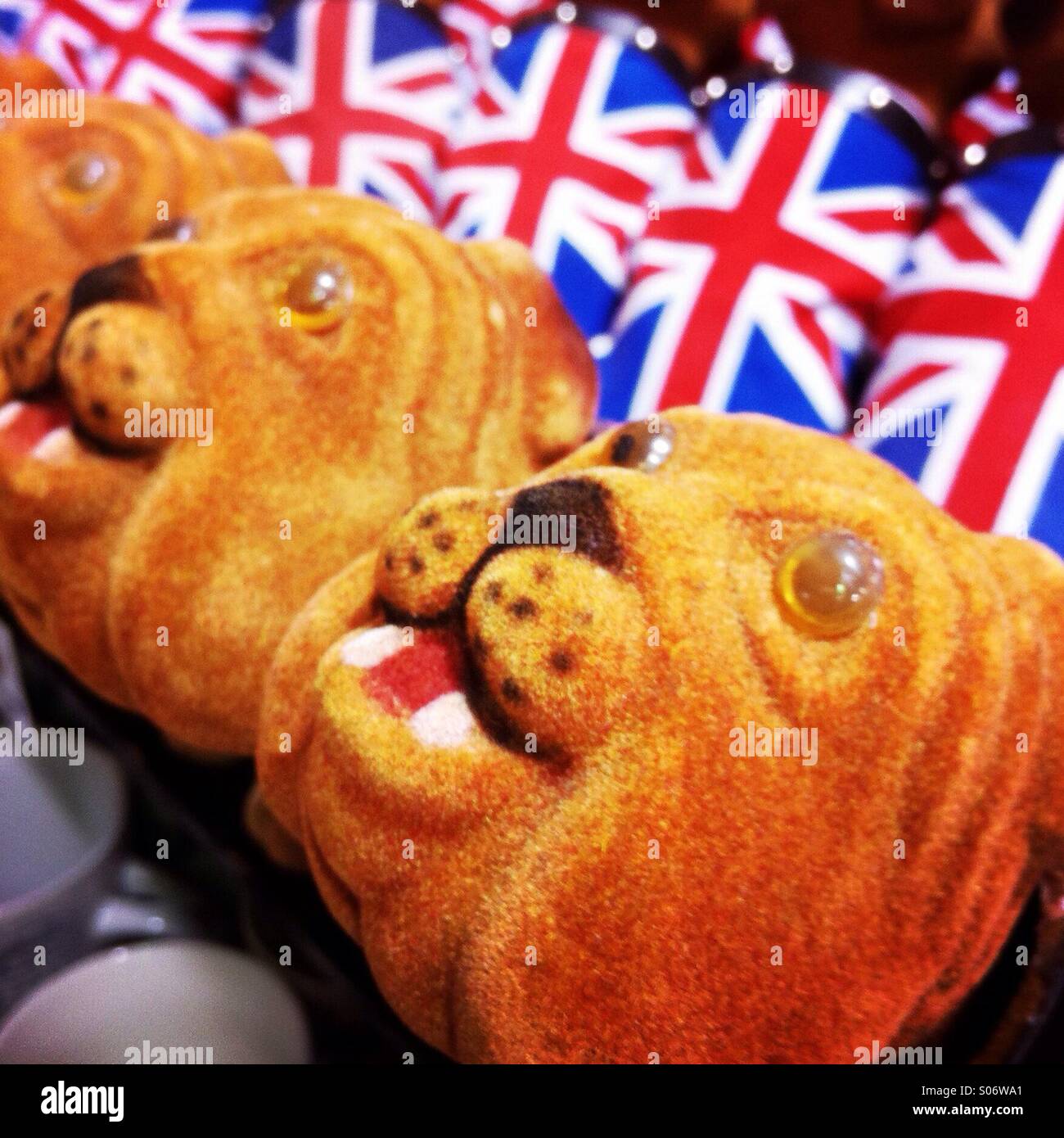 Bulldog bobble Köpfe mit der britischen Flagge auf sie in einem London Tourist Shop. London England UK. Stockfoto