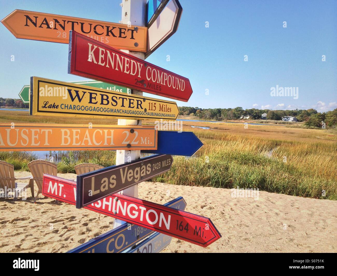 Direktionale Schilder am Strand, Yarmounth, Cape Cod, Massachusetts Stockfoto