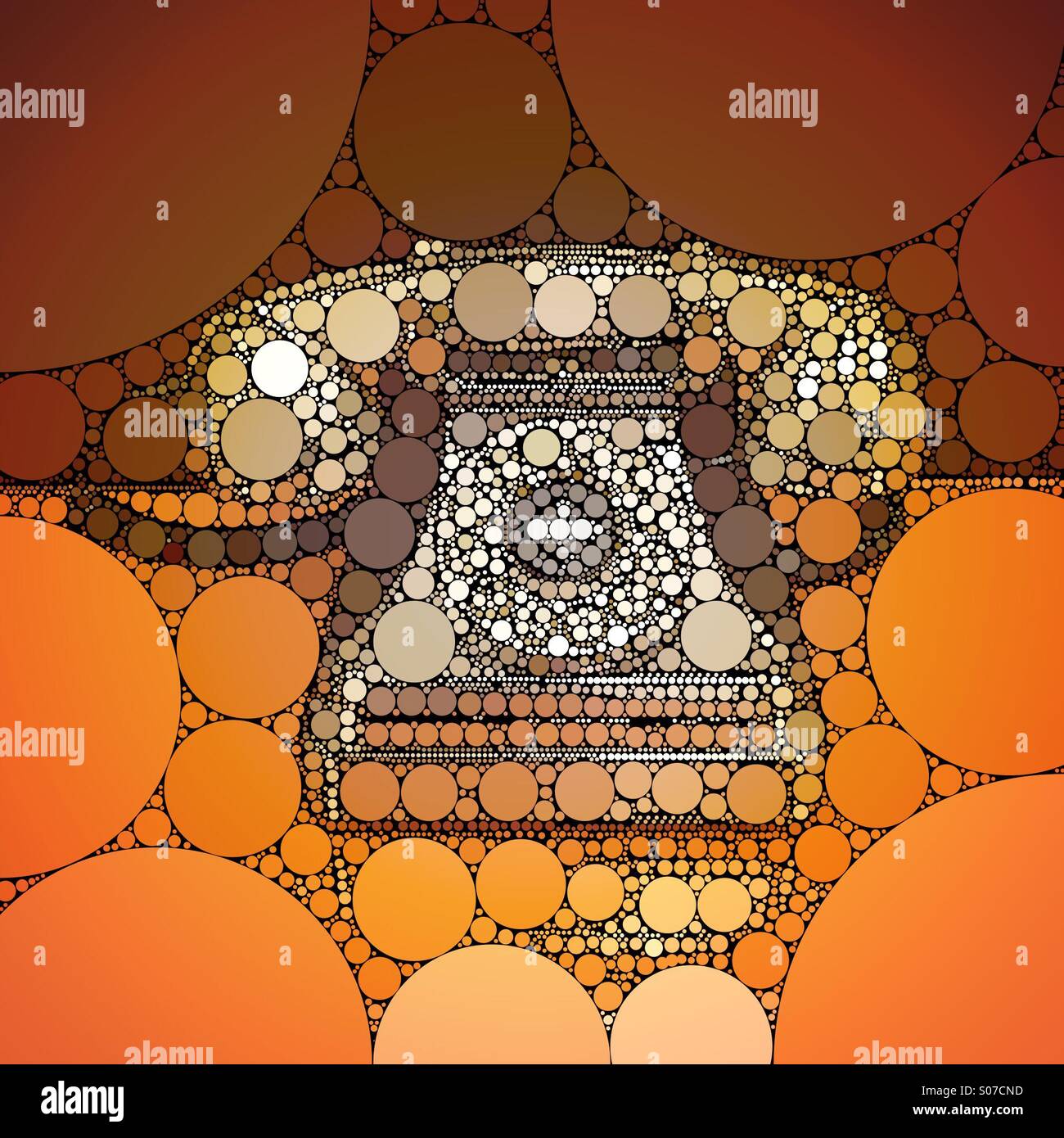 Ein abstraktes Bild von vielen Kreisen bilden das Bild von einem alten Rotary Durchwahltelefon in Orange und braun Stockfoto