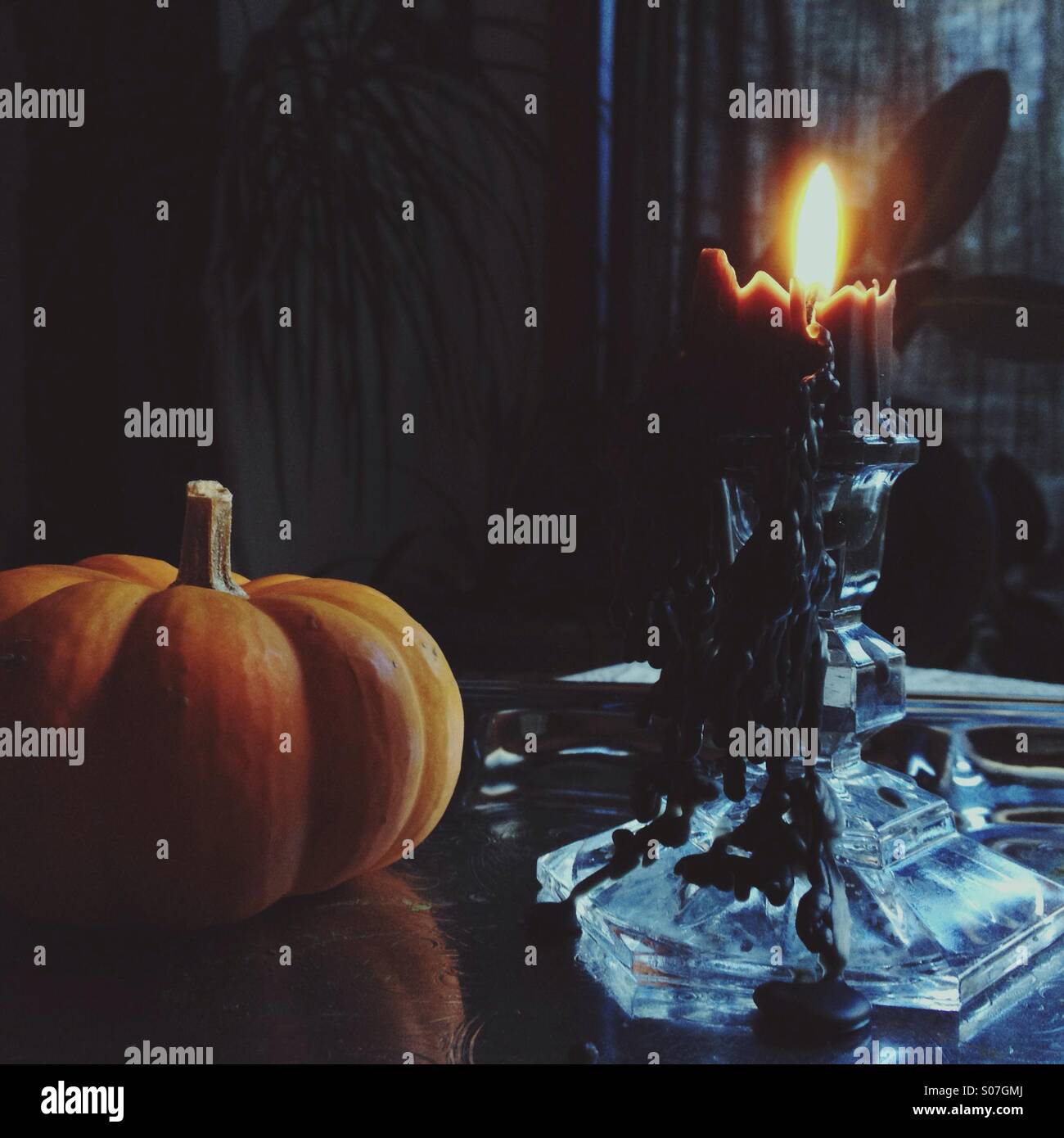 Halloween-Stillleben mit schwarzen tropfende Kerzen und kleine Kürbis. Stockfoto