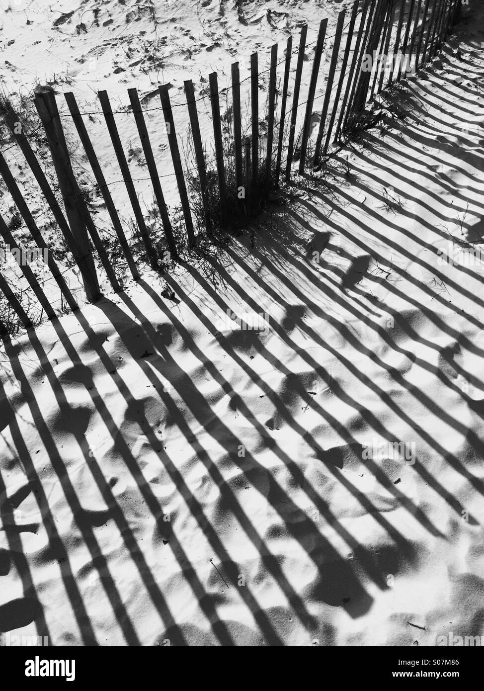 Schatten von einem Zaun aus Holz Strand in einer Sanddüne, in schwarz und weiß. Stockfoto
