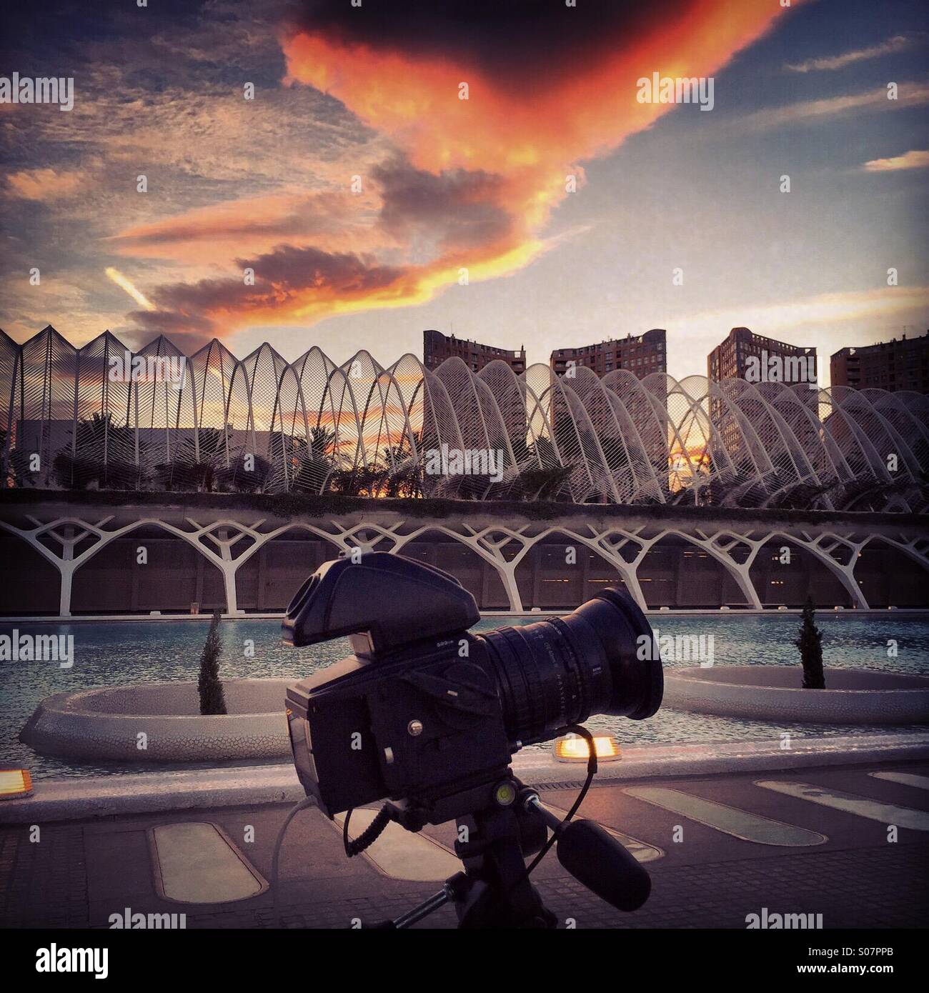 Mittelformat-Kamera fotografieren einer Szenenverlaufs bei Sonnenuntergang Stockfoto