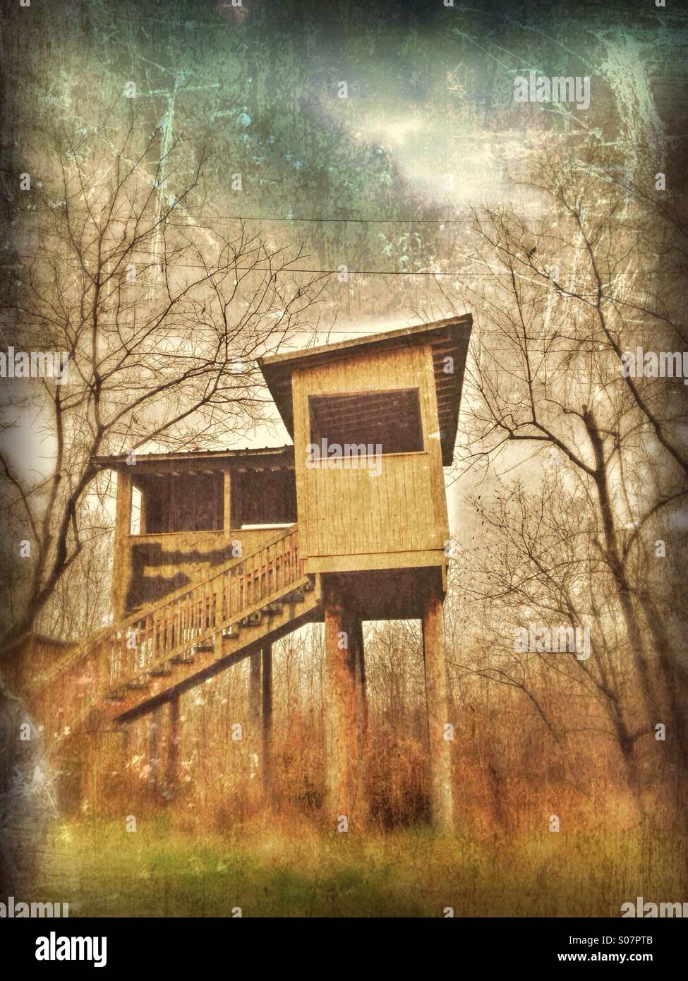 Ein Turm für Vogelbeobachter. - Smartphone-aufgenommenes Stockfoto