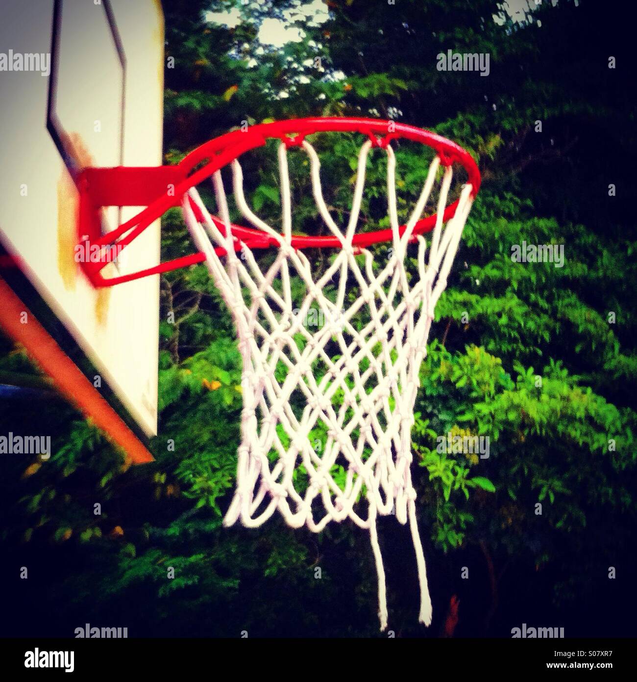 Basketball-Ring im Freien auf einem grünen Hintergrund - Smartphone-aufgenommenes Stockfoto