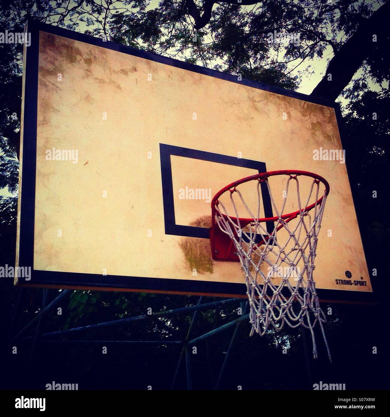 Badketball Ring mit Bäumen - Smartphone-aufgenommenes Stockfoto