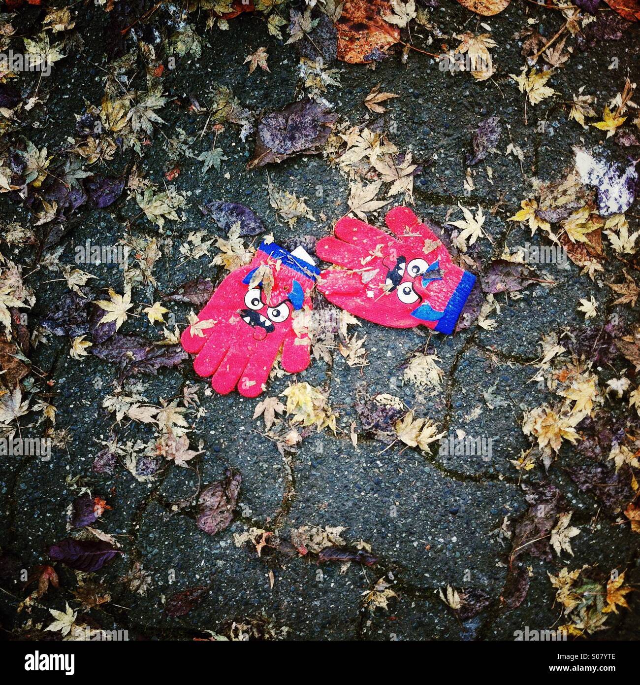 Kinder Handschuhe auf dunklen Pflaster umgeben von gefallenen Blätter verloren. Stockfoto