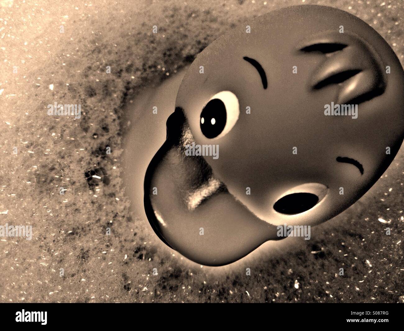 Schwarz / weiß Bild einer Kunststoff Ente schwimmend auf Luftblasen Stockfoto