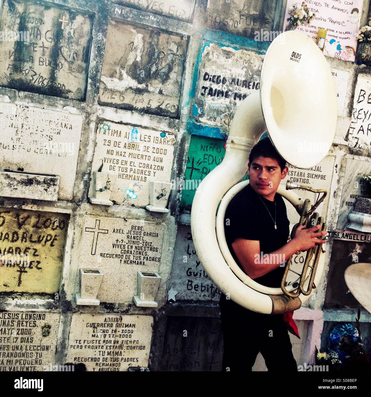 Ein junge mexikanische Musiker, hält ein Sousaphon (Tuba-wie Messing Instrument), beteiligt sich an die jährliche Verleihung des Tages der Toten auf dem Friedhof von Morelia, Michoacán, Mexiko. Stockfoto