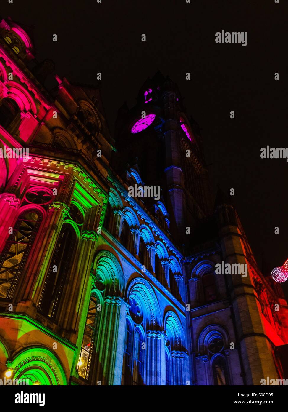 Manchester Town Hall Weihnachtslichter Stockfoto