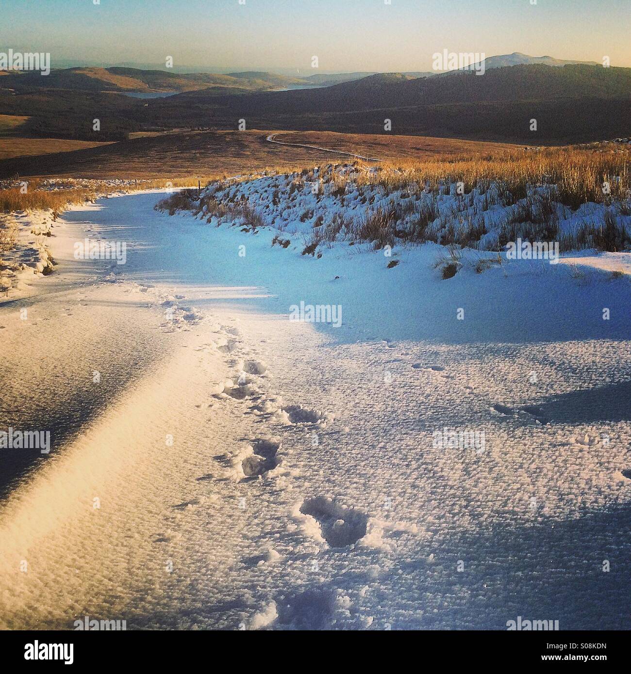 Eine verschneite Landschaft Szene mit Spuren im Schnee. Stockfoto