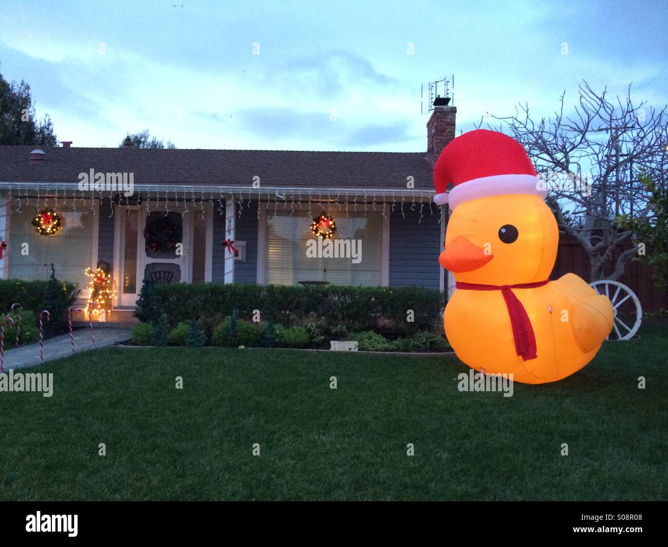 Ein Haus in San Jose, Kalifornien dekoriert für Weihnachten. - Smartphone-aufgenommenes Stockfoto