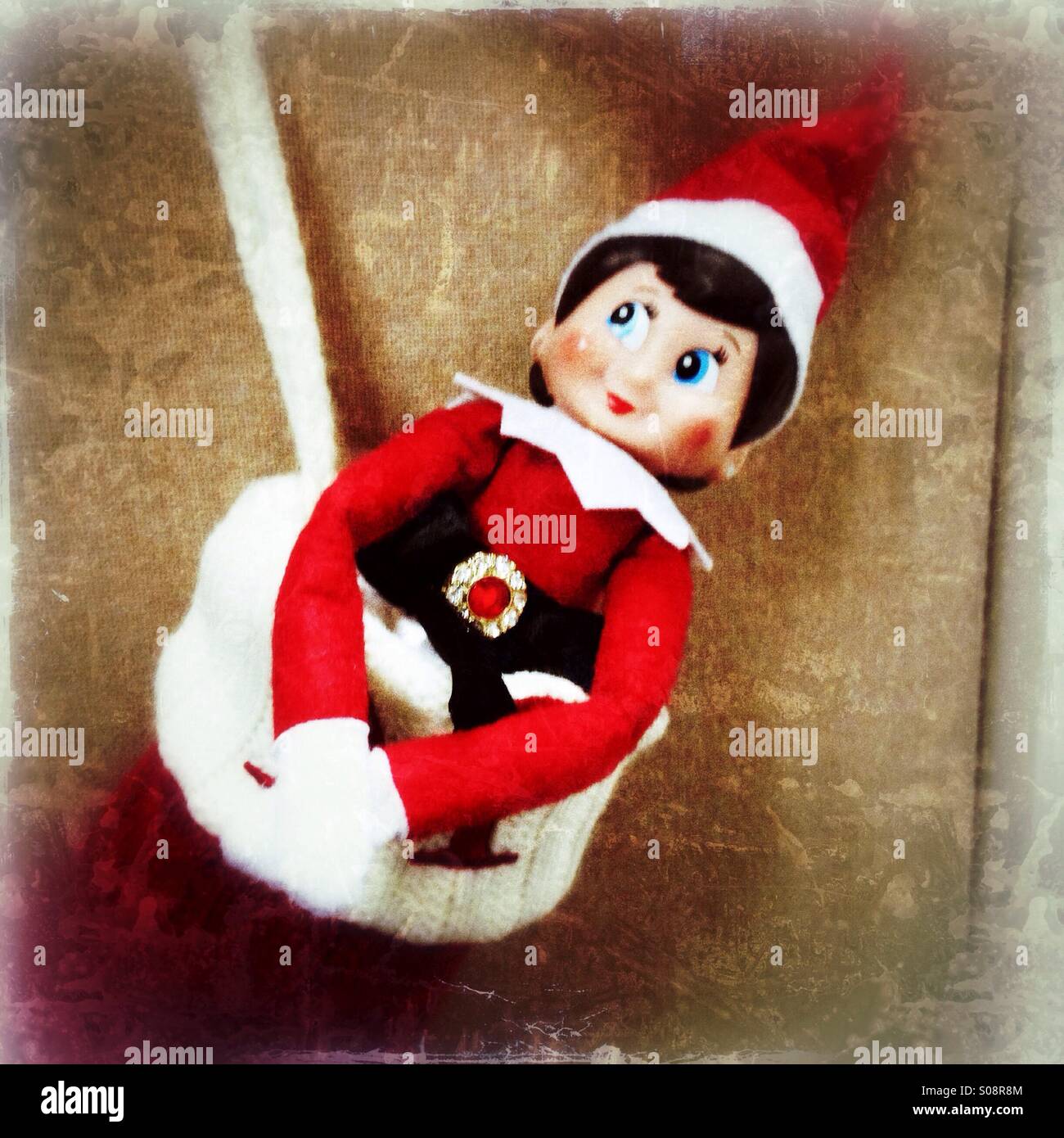 Eine Elfe in einem Weihnachts-Strumpf herumhängen. - Smartphone-aufgenommenes Stockfoto Eine Elfe in einem Weihnachts-Strumpf herumhängen. - Smartphone-aufgenommenes Stockfoto