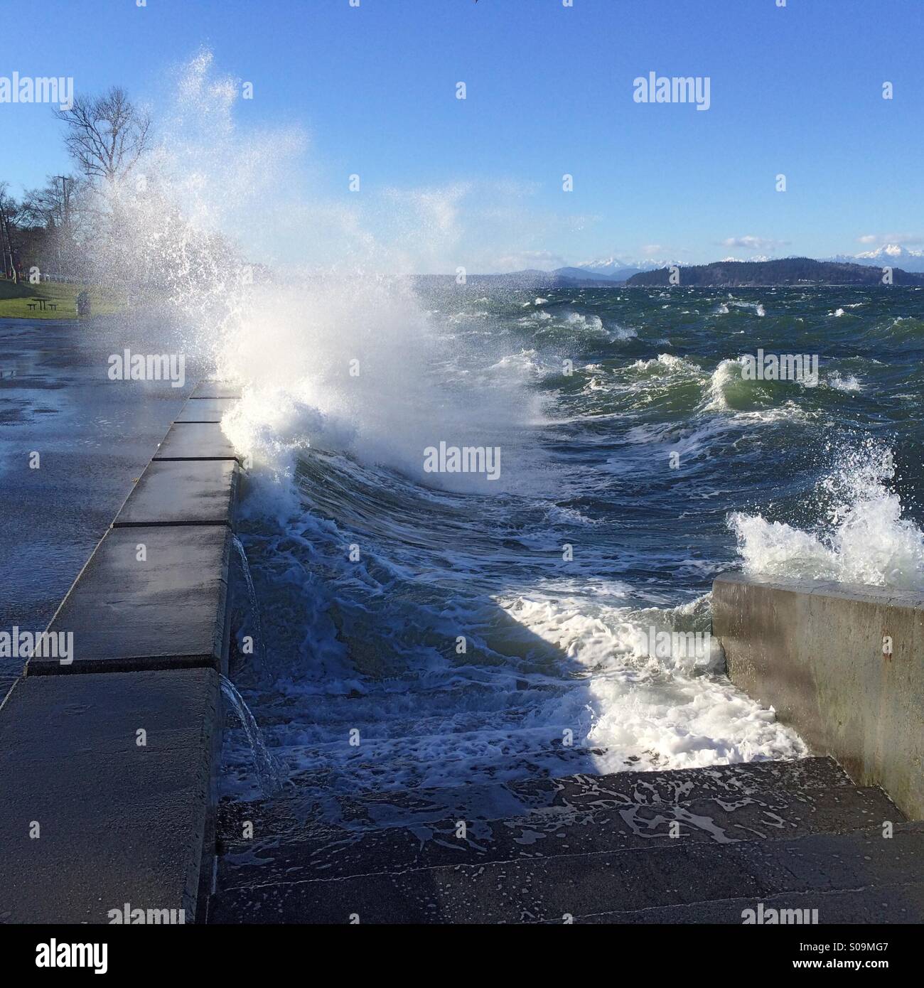 Winter-Surf, Puget Sound, Alki Point, Seattle, Washington, Dezember 2014 - Smartphone-aufgenommenes Stockfoto