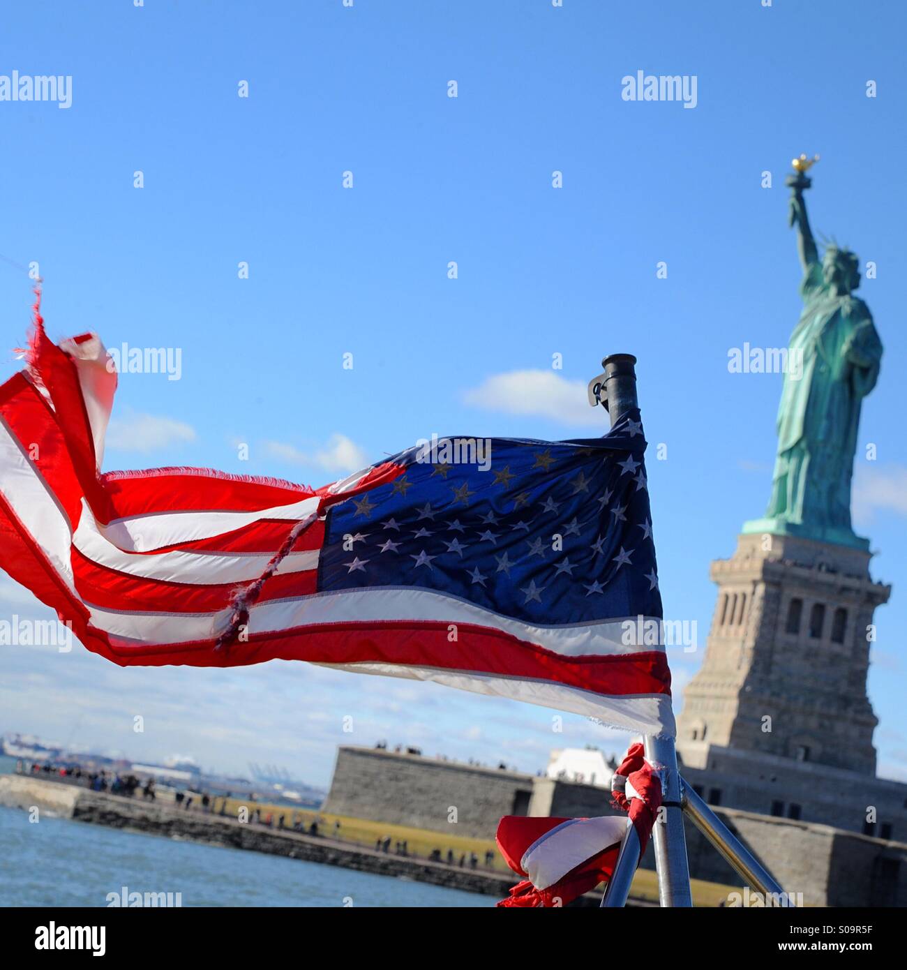 Amerikanische Flagge & Lady Liberty. Stockfoto