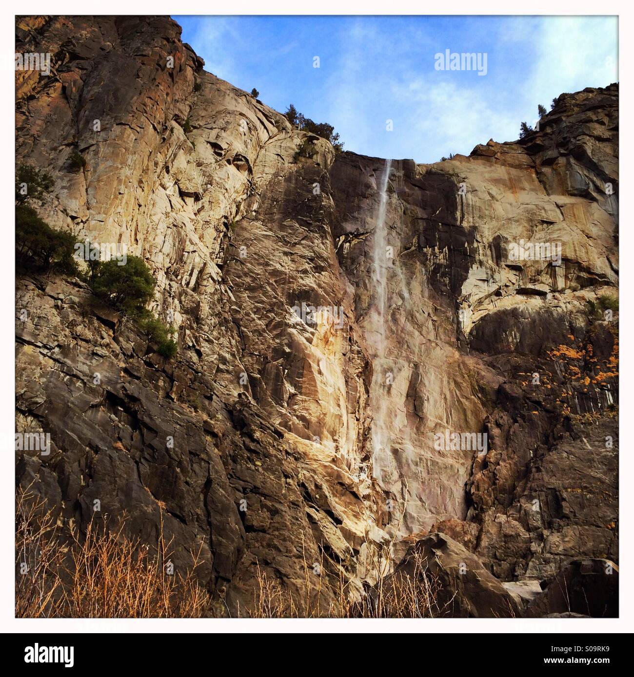 Bridalveil Fall auf ein Rinnsal im Herbst während der kalifornischen dritten Jahr der Dürre. 18. November 2014. Yosemite Valley, Yosemite-Nationalpark, Mariposa County, Kalifornien, USA Stockfoto