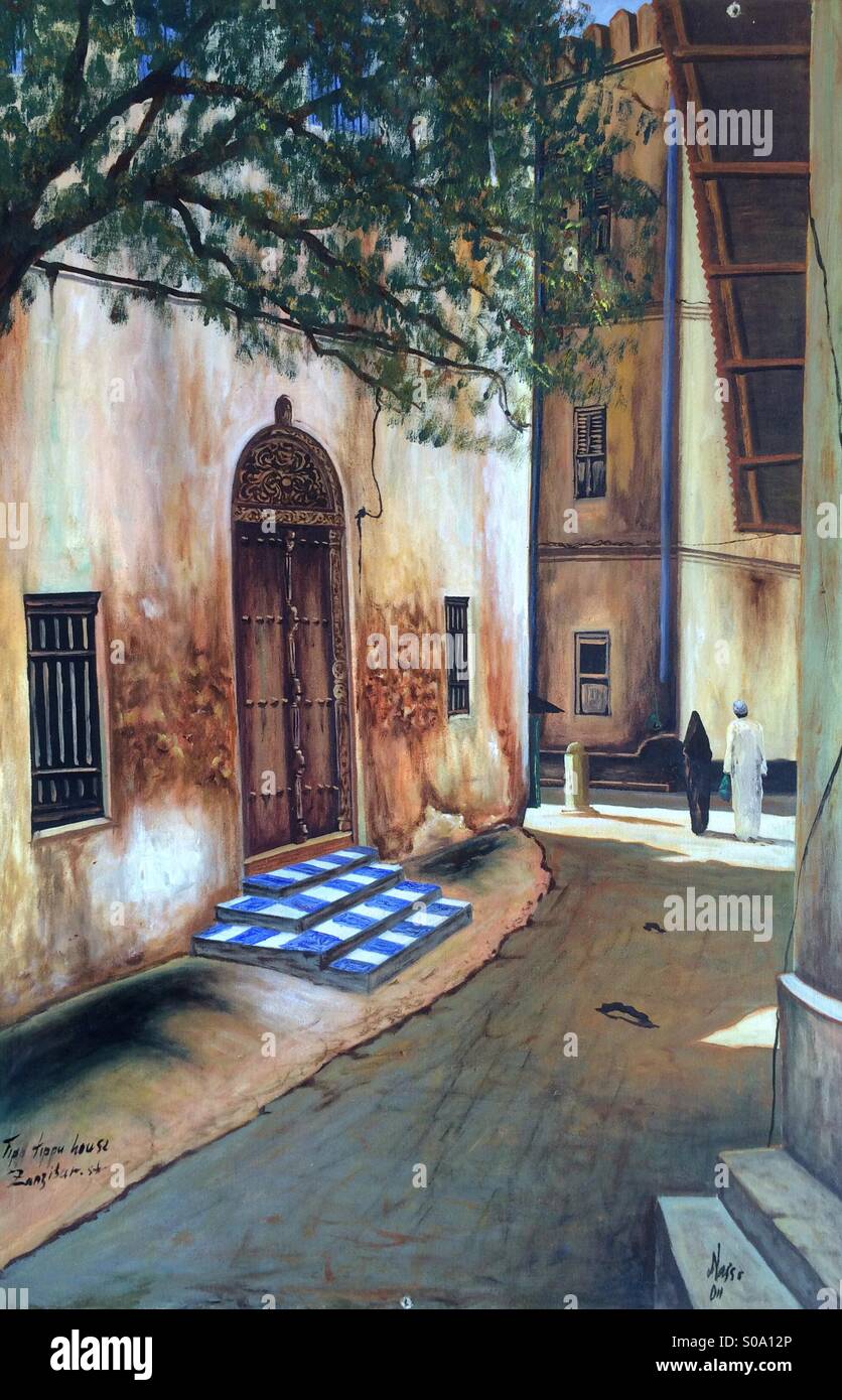 Malerei der alten Straße in Sansibar, Tansania. Stockfoto