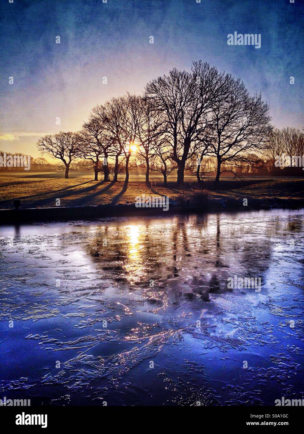 Sonnenaufgang über Bäume spiegeln sich in gefrorenen Kanal Stockfoto