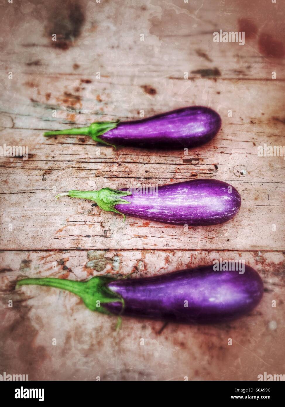 Drei biologische Auberginen. Stockfoto