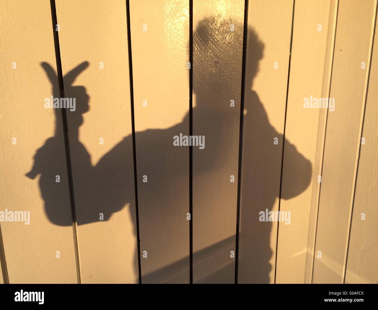 Ein Mann wirft einen Schatten an der Wand, an den Fingern seiner Hand zählen. Nummer zwei. Stockfoto