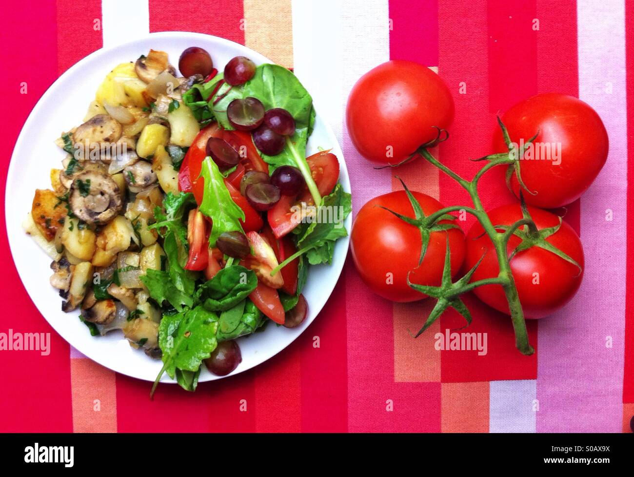 Veganes Abendessen mit Tomaten auf leuchtend roten Tischdecke - Smartphone-aufgenommenes Stockfoto