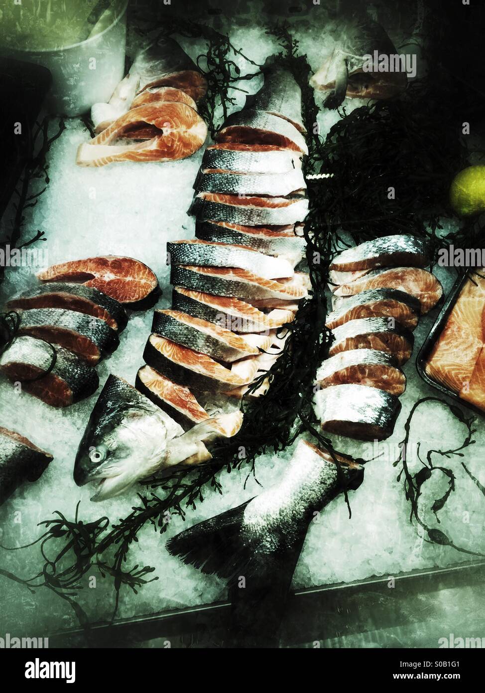 Forelle zerschnitten in Scheiben auf dem Display im Supermarkt. Stockfoto