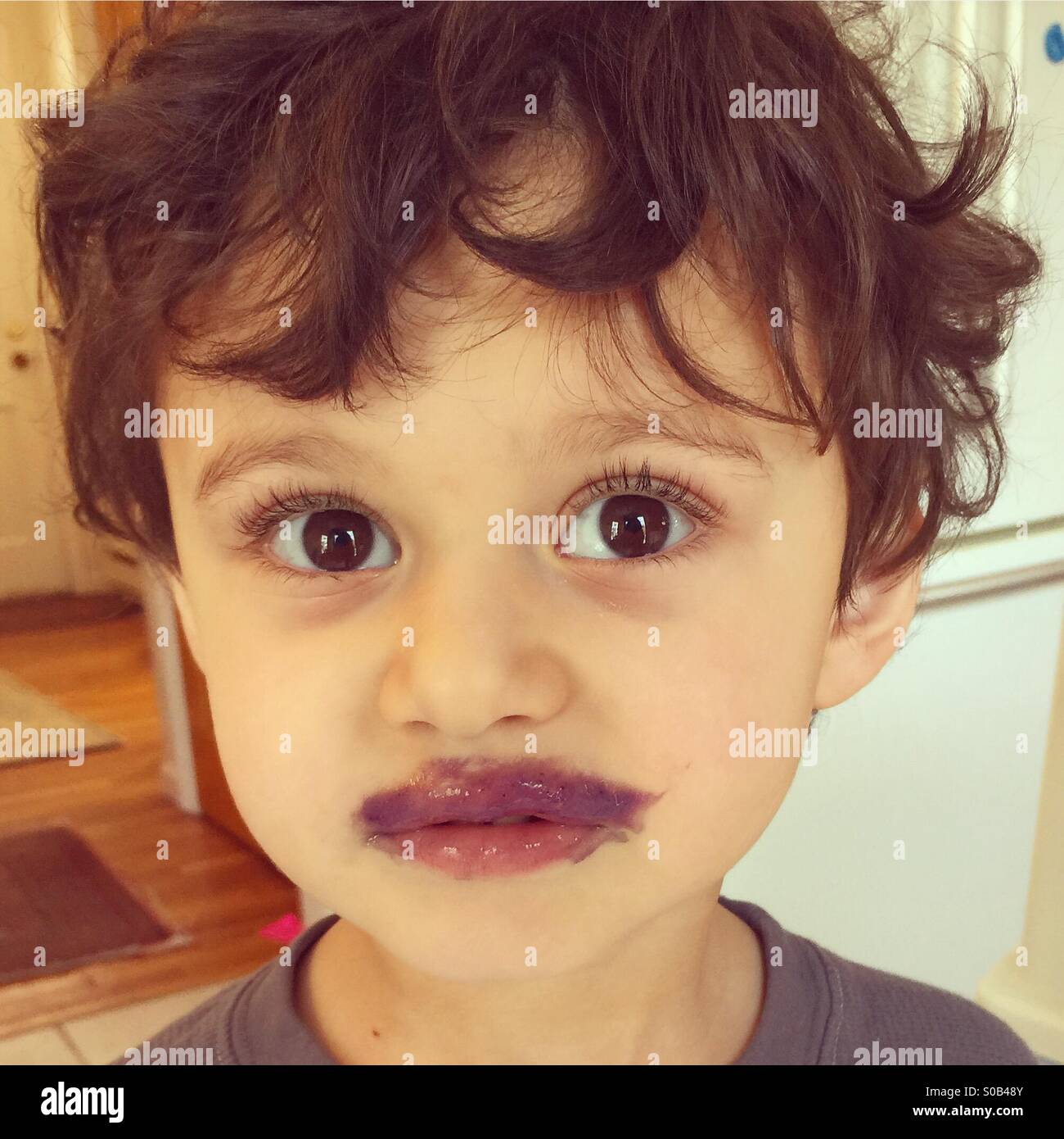 Vier Jahre alter Junge mit einem Blueberry Smoothie Schnurrbart Stockfoto