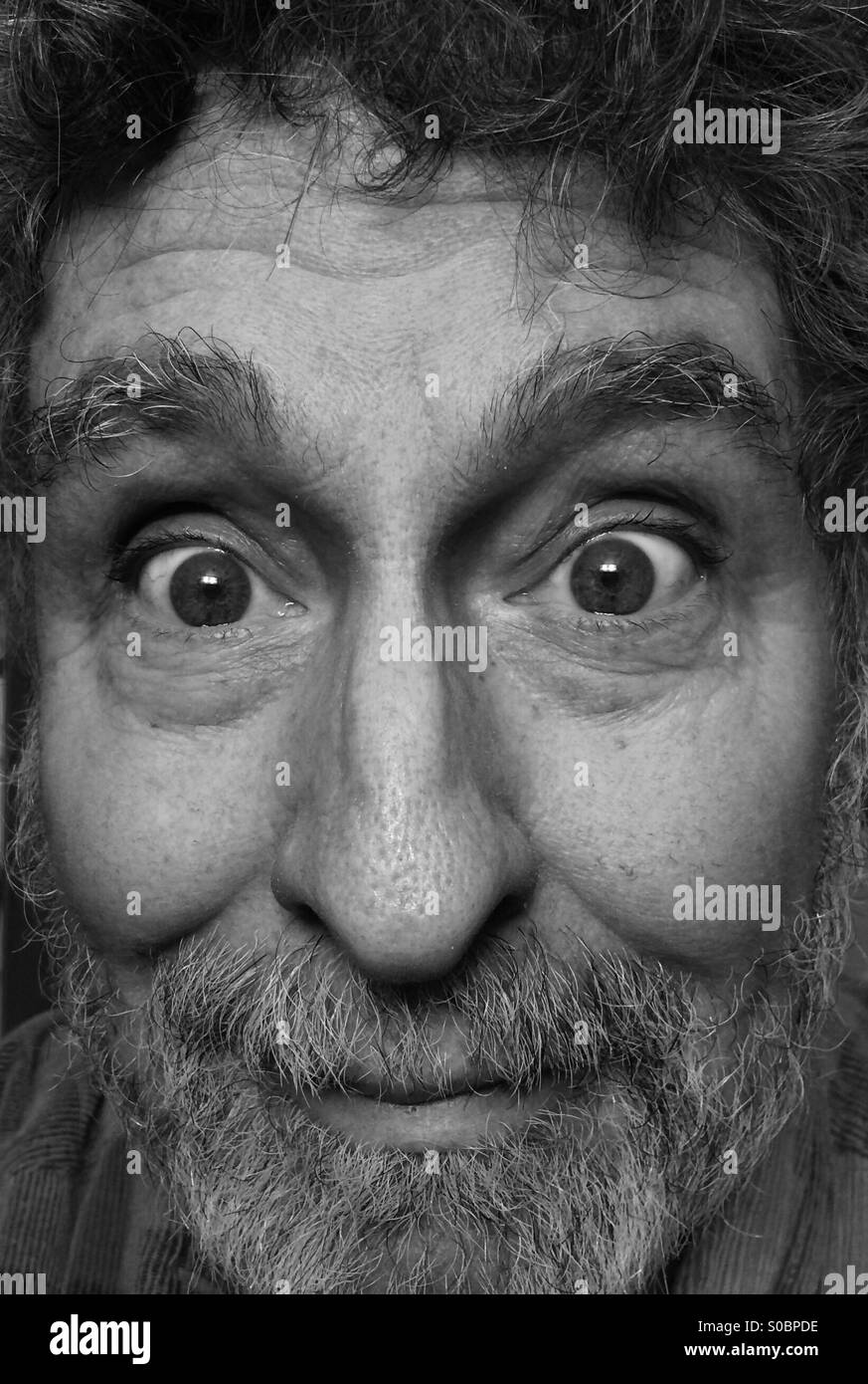 Weißer Mann, Alter 64, mit Bart und Ausdruck von Humor und Zärtlichkeit, extreme Nahaufnahme, Seattle, USA Stockfoto