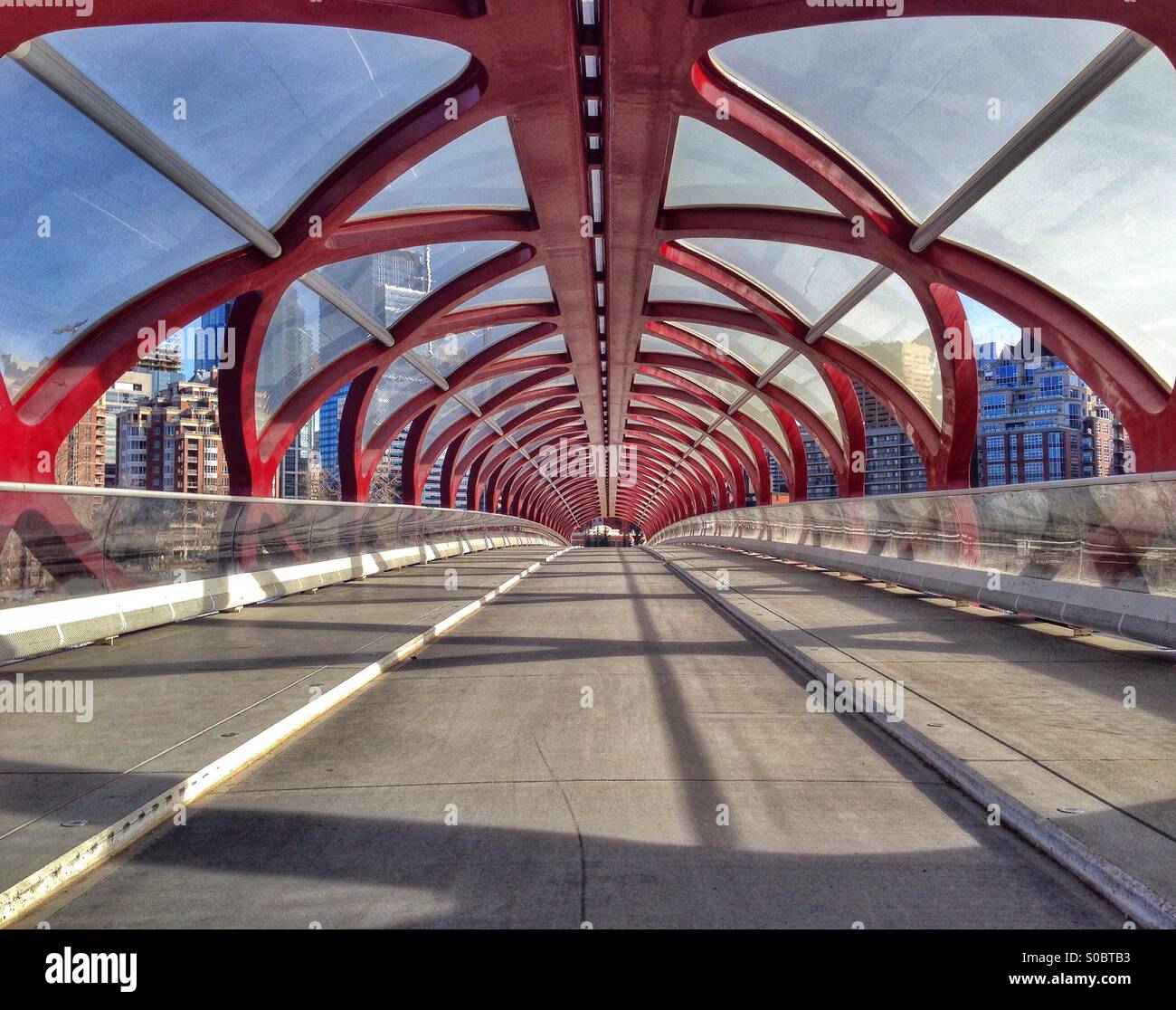 Die Calgary Peace Bridge, Blick in Richtung Innenstadt von Calgary. Stockfoto