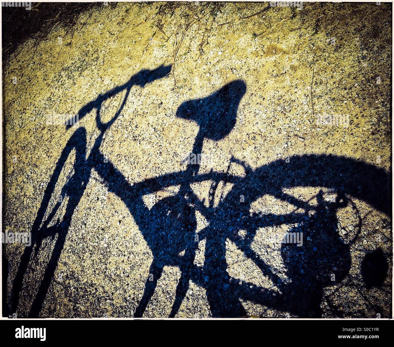 Schatten eines Fahrrades auf einer Straße Stockfoto