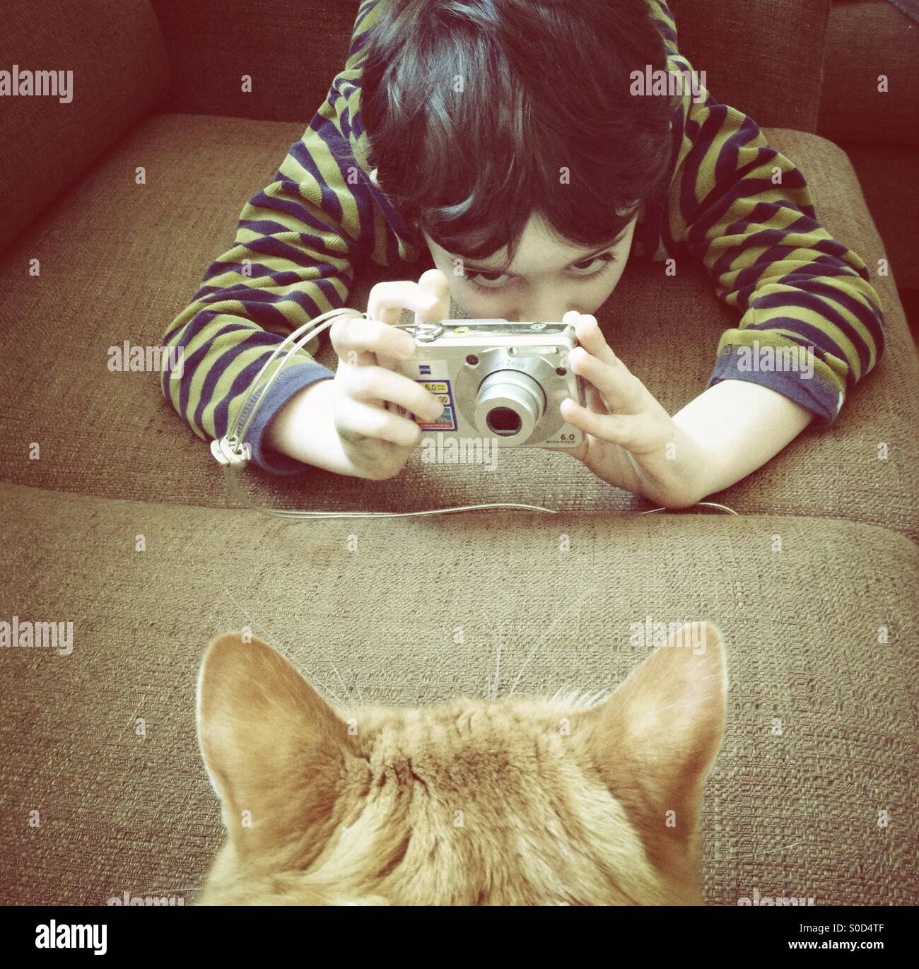 Kind, das Fotos von einer Katze macht - Smartphone-aufgenommenes Stockfoto