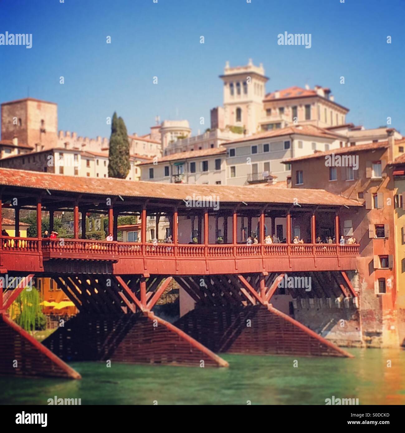 Historische Holzbrücke in Bassano Delhi Grappa, Veneto, Italien Stockfoto