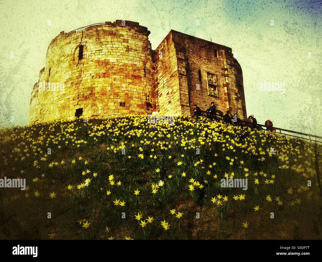 Clifford es Tower im Frühjahr York North Yorkshire England UK United Kingdom GB Great Britain - Smartphone-aufgenommenes Stockfoto