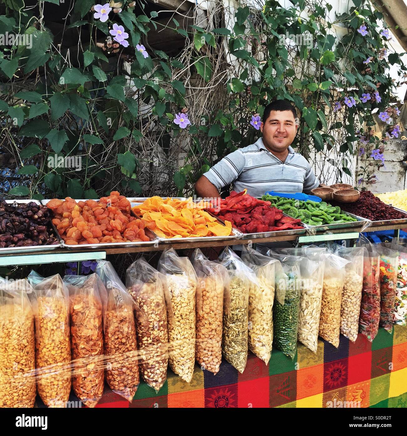 Einem Lächeln auf den Lippen Straßenhändler zeigt eine köstliche Auswahl an getrockneten Früchten, Süßigkeiten, Nüssen und Samen in der Nähe der Marina La Cruz Bauernmarkt in La Cruz de Huanacaxle, Mexiko. Stockfoto