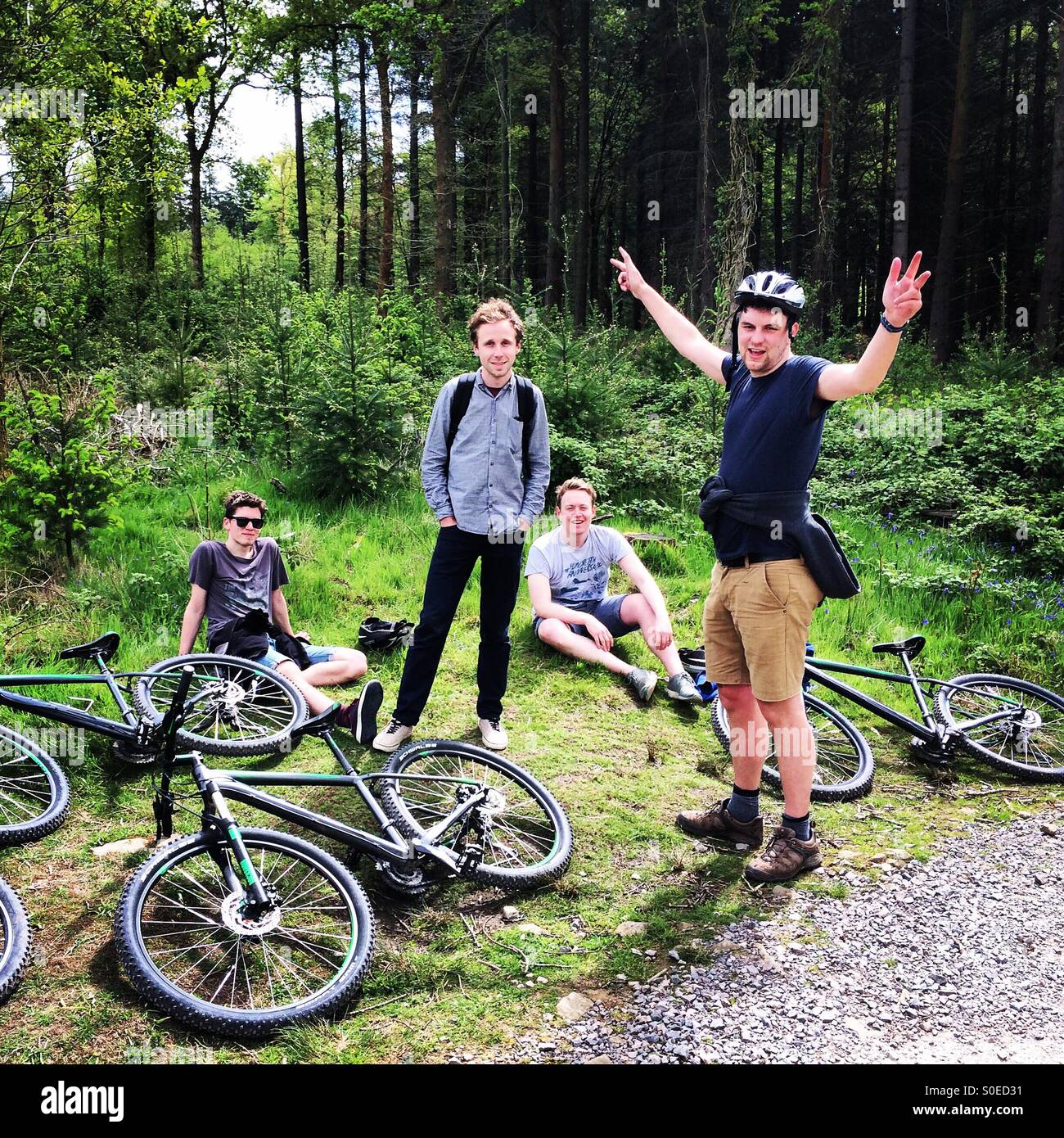 Mountainbiken im Forest of Dean - vier Männer, die eine gute Zeit in der Natur. Stockfoto