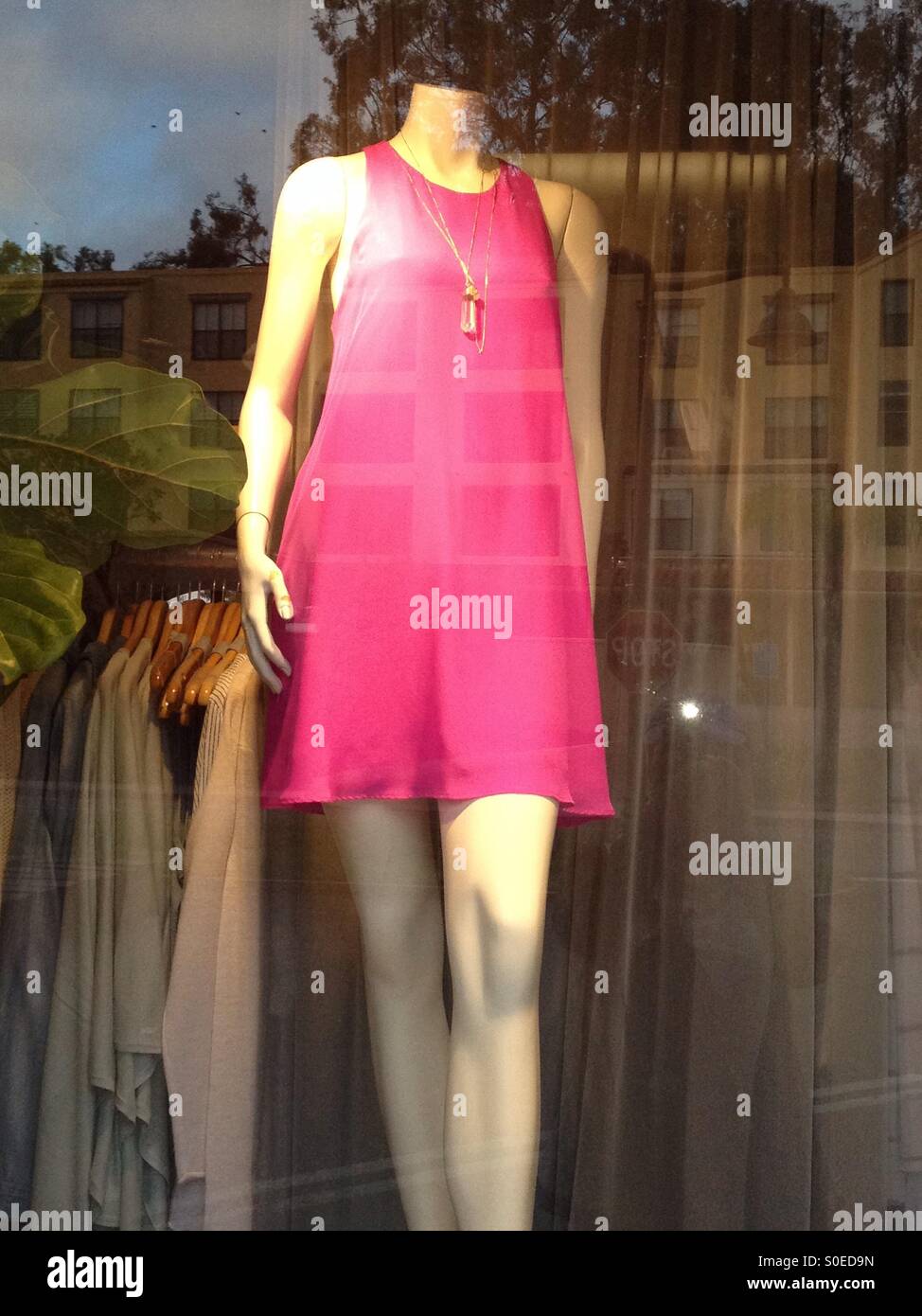 Rosa Kleid im Fenster Stockfoto
