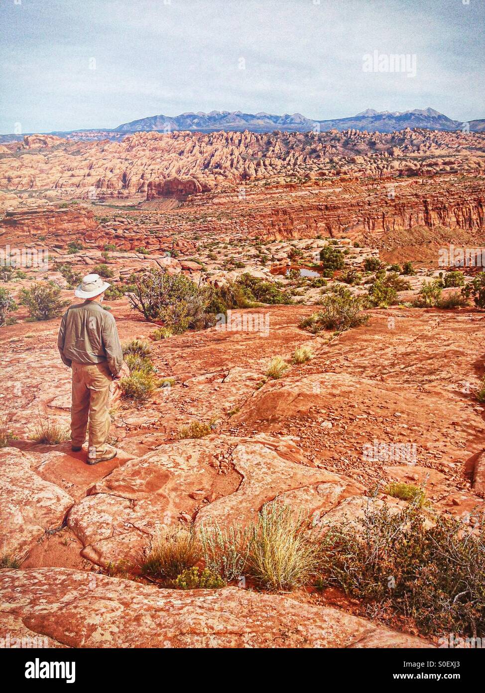 Eine Fernweh-Männchen steht auf einem Aussichtspunkt in der Nähe von Moab, Utah erscheinen, die Weite des Tales vor ihm zu betrachten Stockfoto